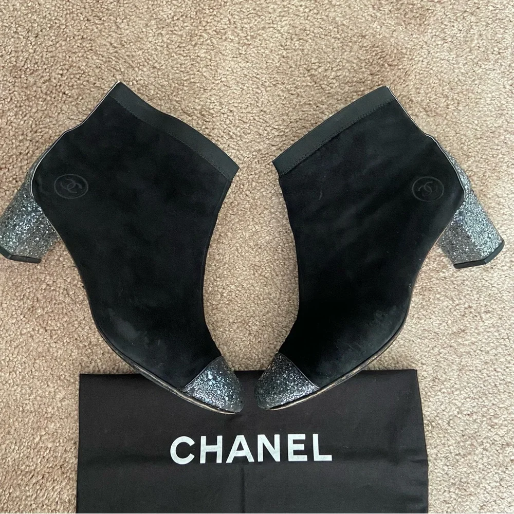 Chanel Black Suede Ankle Boots Booties with Glitters Heels and Toes
